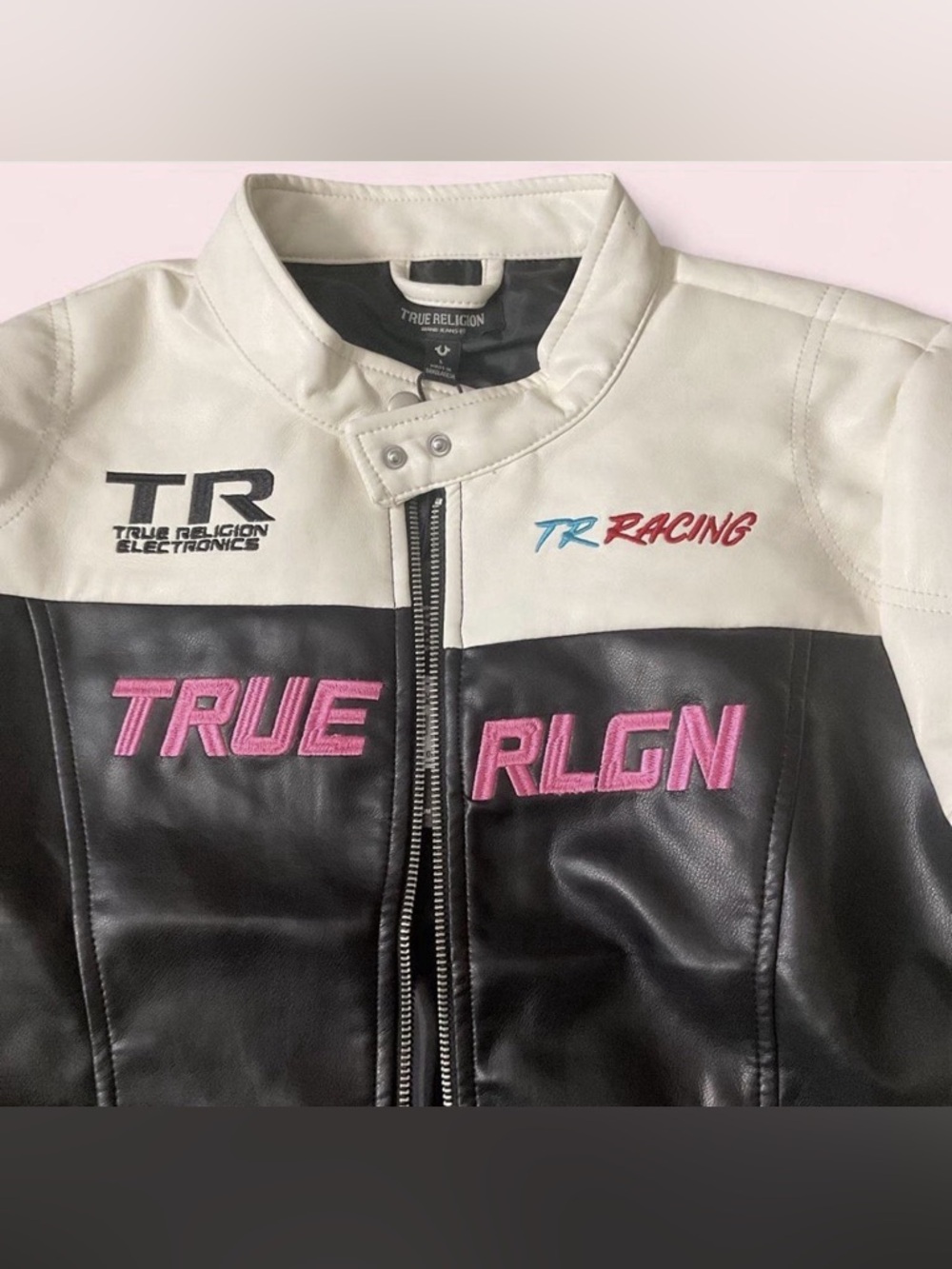 True Religion Colorblock Racer Moto Leather Jacket Racing